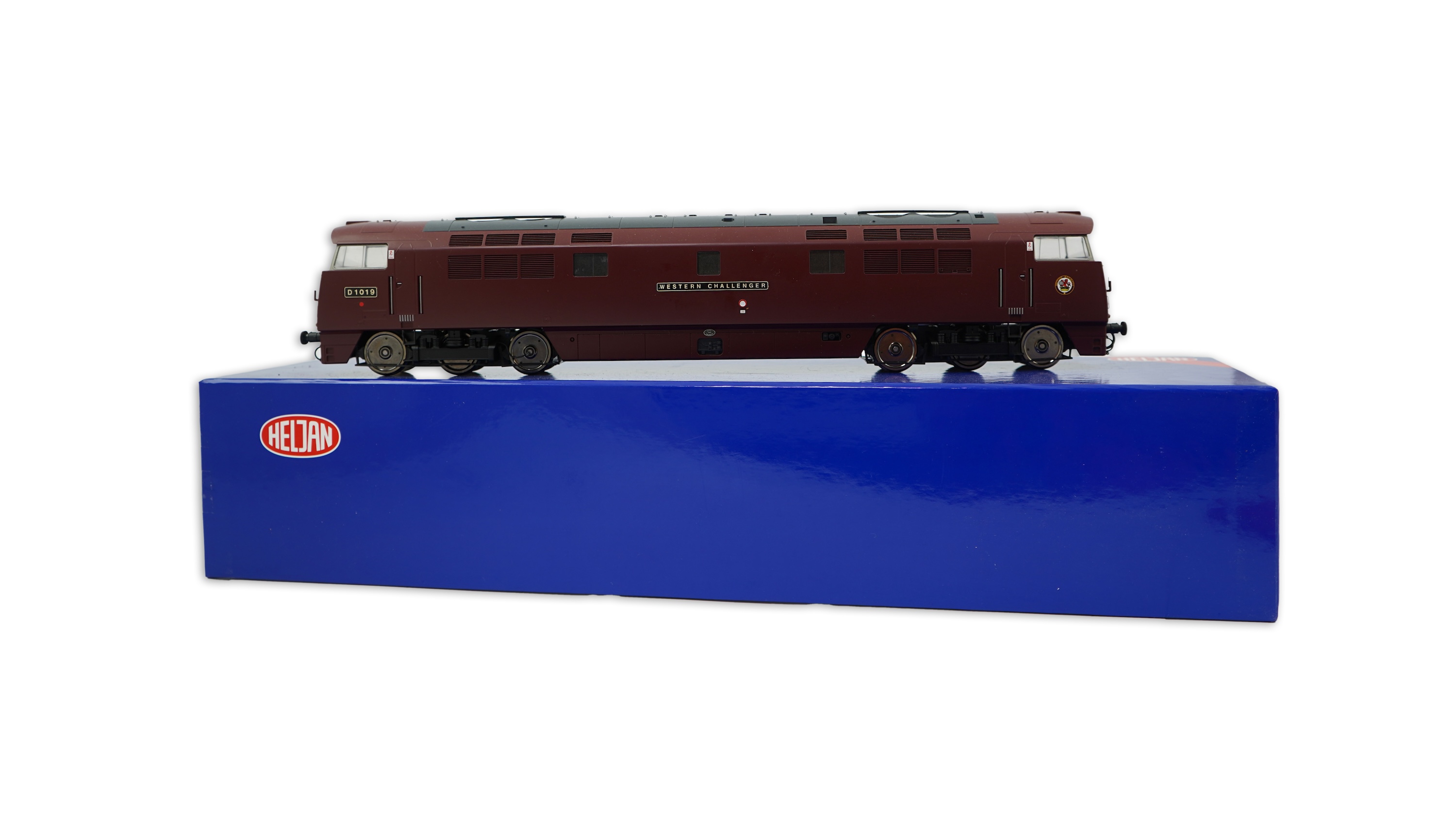 An 0 Gauge Heljan model Class 52 Western Challenger D1019 Co-Co diesel hydraulic locomotive, powered for two rail operation, with original box.